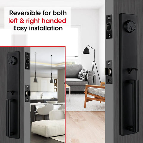 Iron Black Front Double Door Handleset With Keyed Entry installed on modern interior door