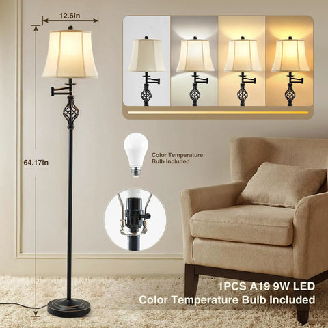 Dimmable LED Pharmacy Floor Lamp With Full Range Dimming For Living Room And Bedroom Adjustable Height Standing Lamp With 350 Degree Swing Arm For Maximum Flexibility And Easy Targeted Lighting in living room with bulb included.