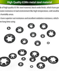All In One Internal Tooth Star Lock Washers Kit With 360 Pieces In 9 Sizes M2 To M12 showing black 65Mn steel washers