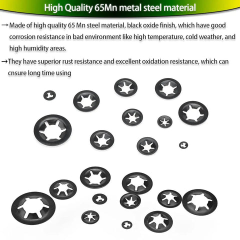 All In One Internal Tooth Star Lock Washers Kit With 360 Pieces In 9 Sizes M2 To M12 showing black 65Mn steel washers