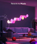 Living room with Shapes Triangles And Mini Triangles Smart RGBW LED Wall Lights Kit With WiFi And Thread, reacting to music.