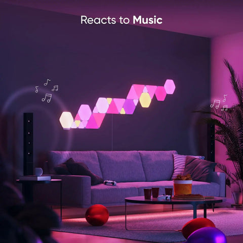 Living room with Shapes Triangles And Mini Triangles Smart RGBW LED Wall Lights Kit With WiFi And Thread, reacting to music.