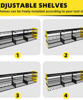 Heavy Duty Wall Mounted Tool Organizer With Four Layer Storage And Twelve Drill Holders For Garage And Workshop showing adjustable utility rack
