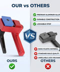 Comparison of Heavy Duty CNC Machined Aluminum Miter Track Stop Block and a plastic alternative, showcasing superior durability.