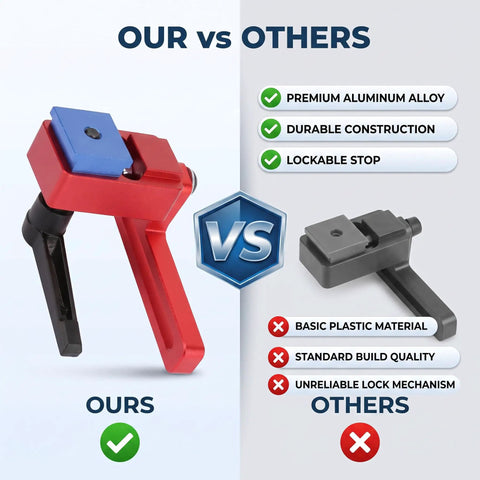 Comparison of Heavy Duty CNC Machined Aluminum Miter Track Stop Block and a plastic alternative, showcasing superior durability.