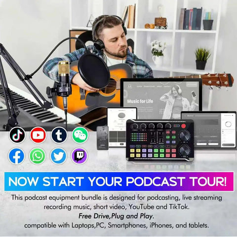 Musician using Comprehensive Podcast Gear Bundle With BM-800 Microphone Gold and F998 Audio Interface in home studio setup