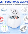 Ultrasonic Cleaner For Retainers And Dentures With 340ml Tank, 48kHz Sonic Cleaning, 4 Modes, showing dental and jewelry items