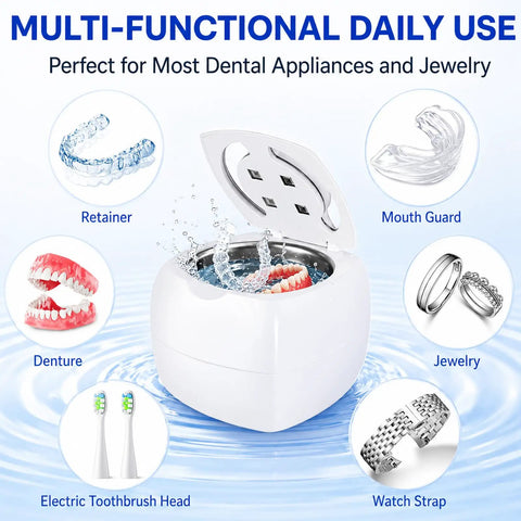 Ultrasonic Cleaner For Retainers And Dentures With 340ml Tank, 48kHz Sonic Cleaning, 4 Modes, showing dental and jewelry items