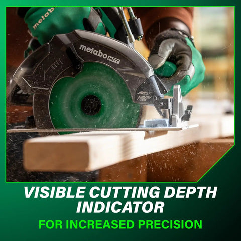 36V Cordless 7-1/4 Inch Circular Saw With Torque Boost Technology cutting wooden plank, visible depth indicator
