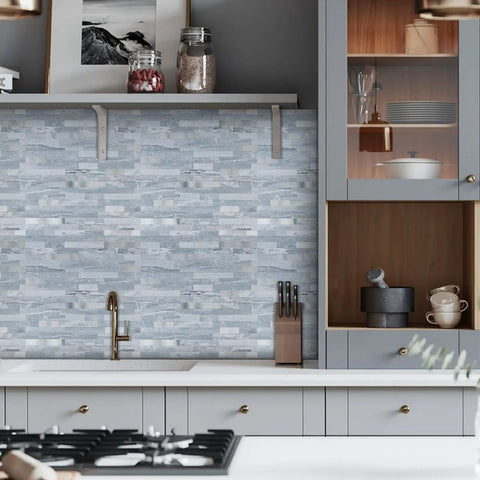 Modern kitchen with 20 Sheets No Fuss Peel And Stick PVC Backsplash Tile Set For Kitchen Walls Durable Adhesive Scratch Resistant Easy Install