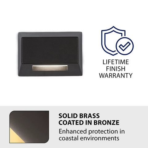 Rectangular Outdoor Deck And Patio Light 12V LED Low Voltage with bronze-coated brass finish, shown with lifetime finish warranty