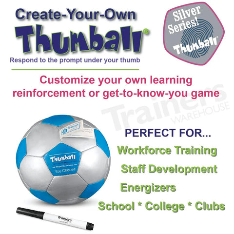 Create Your Own Thumball 6 Inch Blue With Marker Includes 30 Blank Panels For Custom Ice Breakers And Learning Reinforcement Tools Perfect For Class Team Building And Quick Conversational Prompts. Blue Thumball with marker