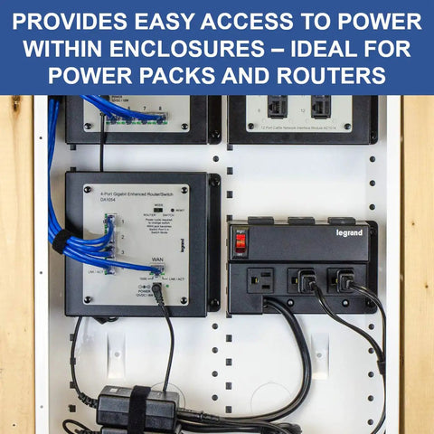OnQ Half Width Media Enclosure Power Strip For Cable Management, 6 Outlets With 3 IEC C13 And 1 IEC C7 Adapters, installed in rack