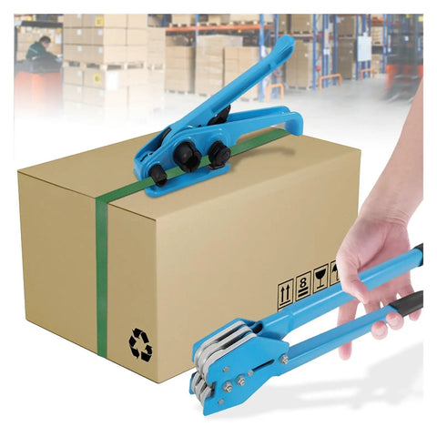 Heavy Duty Strapping Machine With 1000N Tension And 400Kg Break Strength securing a box with a green strap in a warehouse.