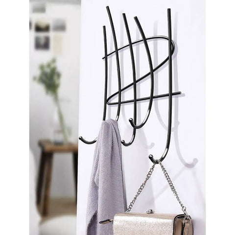 Slick Wall Mount Coat Rack With Sturdy Round Metal Hooks To Hang Your Daily Gear In The Entryway Or Bedroom Closet Without Scratching Jackets No Hassle Heavy Duty Space Saving Decor, black, with sweater and bag.