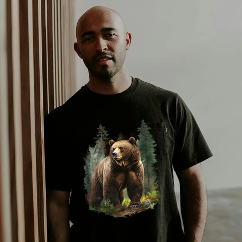 Person wearing black shirt with bear design from Four Hunting Animals Iron On Transfers Pack For Shirts And Hoodies