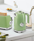 Retro green 57oz Electric Kettle for Quick Tea Brew, 1500W Fast Heating, Stainless Steel, with LED Indicator, on kitchen counter