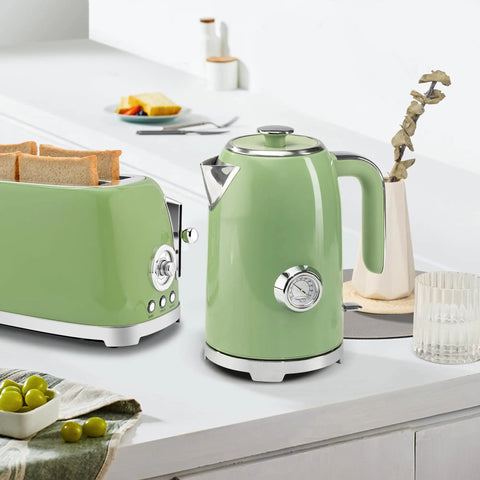 Retro green 57oz Electric Kettle for Quick Tea Brew, 1500W Fast Heating, Stainless Steel, with LED Indicator, on kitchen counter