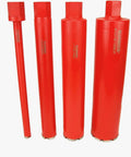 Four red BLUEROCK diamond wet core drill bits, side view, for concrete and masonry