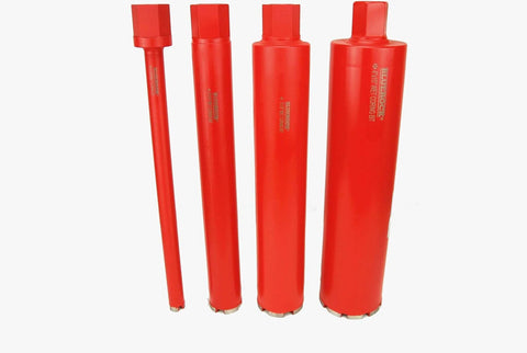 Four red BLUEROCK diamond wet core drill bits, side view, for concrete and masonry