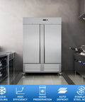 Heavy Duty Commercial Upright Freezer Two Door Stainless Steel Reach In Unit 36 Cubic Foot fan cooled interior in kitchen.