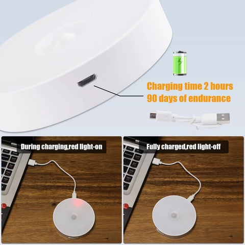 USB charging process for 3 Pack Motion Sensor LED Night Lights With USB Rechargeable Battery, 8 LEDs, Magnetic Patch, 3 Modes.