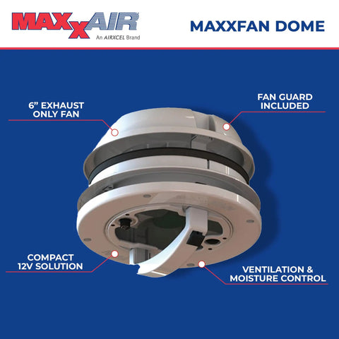 12V Dome Exhaust Vent Fan, 6 Inch Round For RV Roof Or Sidewall Install, Exhaust Only, Removable Screens, Rain Shield, Moisture Control