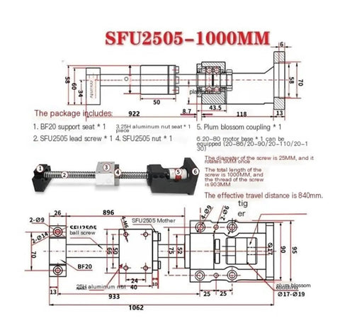 Ultra Low Backlash Ball Screw SFU2505 1000mm For CNC Machines Real Smooth Rolling Friction Heavy Duty Bearing Steel Build For Precise Linear Motion Long Stroke Ready, SFU2505 assembly diagram
