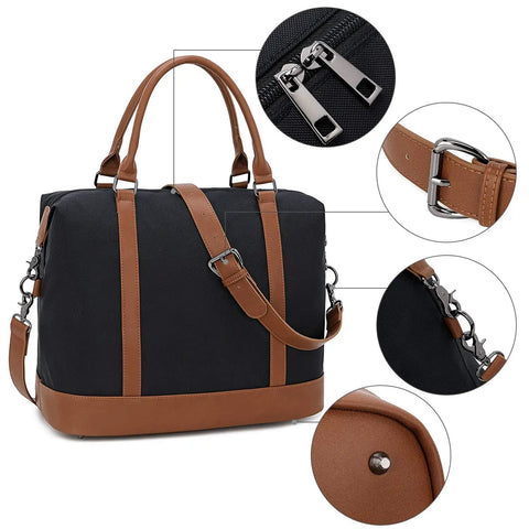 Weekender Travel Bag For Women, Canvas Duffel Tote With Water Resistant Oxford Fabric, overnight carry-on under seat, brass zippers