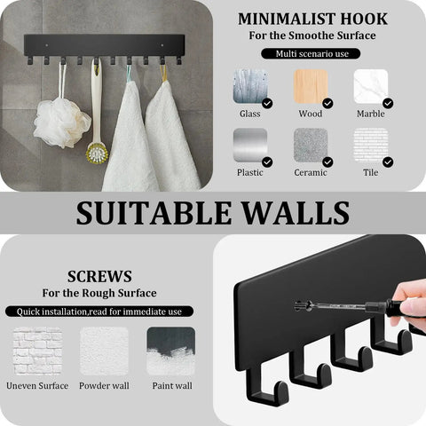 Six Hook Wall Mount Key Organizer for Entryway, Kitchen, and Office, Sturdy Metal Key Rack with Screw-In Mounting, wall suitability shown