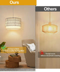 Smart Plug In Pendant Lamp With Remote Control And App illuminating a cozy space with woven paper shade, soft light effect.