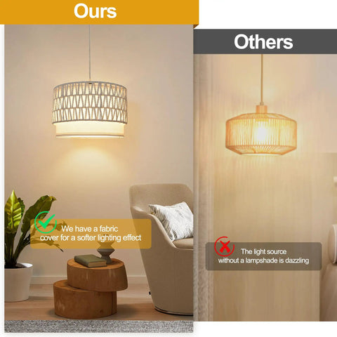 Smart Plug In Pendant Lamp With Remote Control And App illuminating a cozy space with woven paper shade, soft light effect.