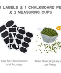 24 labels, chalkboard pen, and three measuring cups shown with green beans for Huge Airtight Food Storage Canisters With Lids 5.2L Each 3 Pack BPA Free Plastic Containers For Flour Sugar Rice Beans Grains Pasta Snacks And Bulk Pantry Organization.