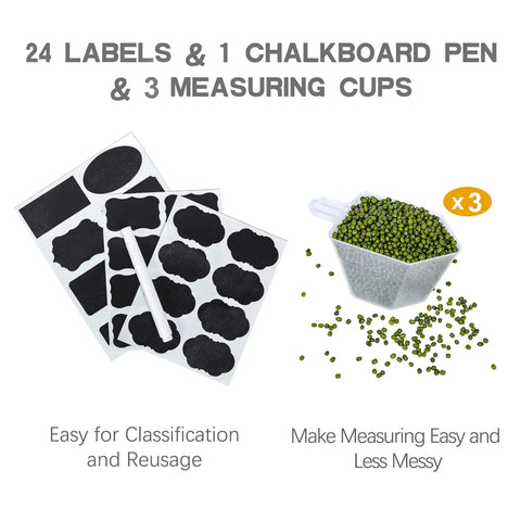 24 labels, chalkboard pen, and three measuring cups shown with green beans for Huge Airtight Food Storage Canisters With Lids 5.2L Each 3 Pack BPA Free Plastic Containers For Flour Sugar Rice Beans Grains Pasta Snacks And Bulk Pantry Organization.