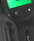 Close-up of EVGATSAUTO 5 in 1 Stud Finder Wall Scanner showing LCD display and control buttons for detecting studs, wires, and pipes.