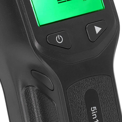 Close-up of EVGATSAUTO 5 in 1 Stud Finder Wall Scanner showing LCD display and control buttons for detecting studs, wires, and pipes.