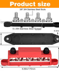 No Sweat Heavy Duty 12 Volt Power Distribution Bus Bar Terminal Block dimensions with 4 studs and screws for wiring connections.