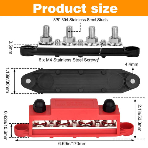 No Sweat Heavy Duty 12 Volt Power Distribution Bus Bar Terminal Block dimensions with 4 studs and screws for wiring connections.
