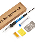 60 Watt Adjustable Temperature Soldering Iron Kit With 5 In 1 Electronics Repair Set Includes Solder Wire Stand Sponge Rosin Flux Fast Heating For Desoldering And DIY Circuit Boards Electronics Repairs Arduino Projects At Home components displayed with box