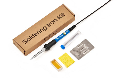 60 Watt Adjustable Temperature Soldering Iron Kit With 5 In 1 Electronics Repair Set Includes Solder Wire Stand Sponge Rosin Flux Fast Heating For Desoldering And DIY Circuit Boards Electronics Repairs Arduino Projects At Home components displayed with box