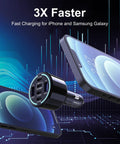 Straight Fire 300W Usb C Car Charger With Six Ports Smart Pd 3 1 Fast Charging Adapter next to a smartphone displaying charging information.