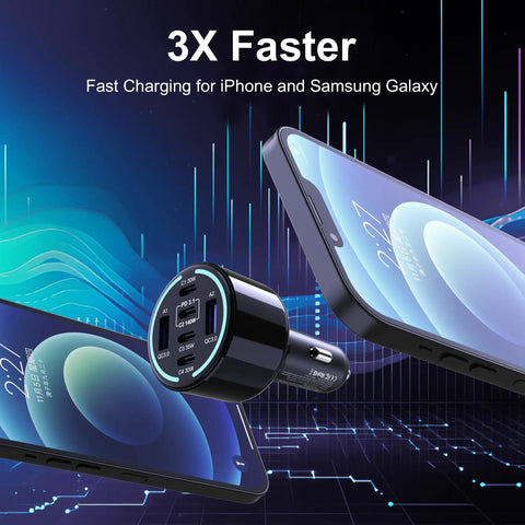 Straight Fire 300W Usb C Car Charger With Six Ports Smart Pd 3 1 Fast Charging Adapter next to a smartphone displaying charging information.
