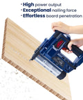 Person using Cordless 20V 18GA Nail Gun And Stapler 2 In 1 With Brushless Motor on wooden board, showing power in carpentry use.