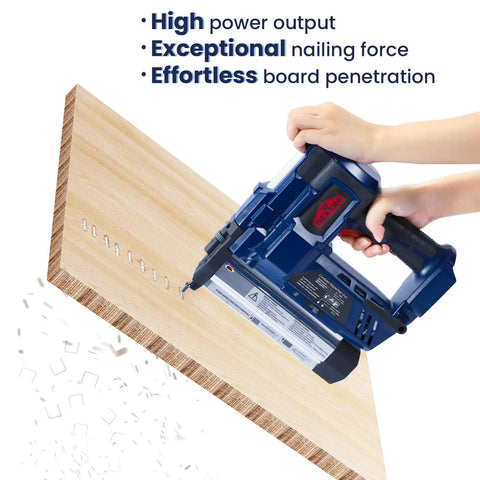 Person using Cordless 20V 18GA Nail Gun And Stapler 2 In 1 With Brushless Motor on wooden board, showing power in carpentry use.