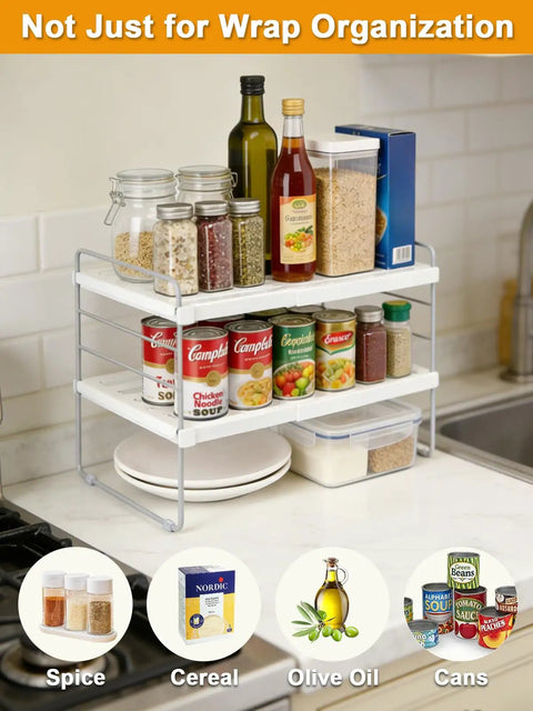 Expandable Foil And Plastic Wrap Organizer, 3-Tier Height Adjustable Kitchen Cabinet Rack with spices and cans displayed