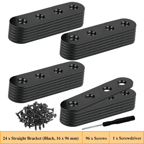 Tough As Nails Stainless SteelFlat Brackets 24 Pack, Heavy Duty Straight Connector Supports For Wood Panels, Rust Proof Corner Braces With Countersunk Holes, Great For Tables Beds Fences In Matte Black