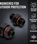 Top Tier IP68 Breather Valves Four Pack M12x15 Threaded Air Vents for Outdoor Electrical Panels close-up of nylon body with O-ring seal.