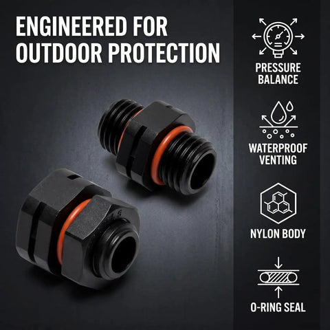 Top Tier IP68 Breather Valves Four Pack M12x15 Threaded Air Vents for Outdoor Electrical Panels close-up of nylon body with O-ring seal.