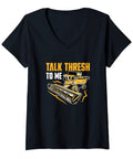 Black V-neck shirt with 'Talk Thresh To Me' design featuring a combine harvester, for women, 100% cotton farm apparel.