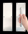 304 Stainless Steel Door Handle Set With Push And Pull Plates Tough As Nails Heavy Duty Door Hardware Kit Includes Backing Plates Screws And Driver, hand holding pull plate